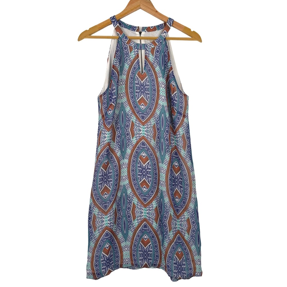 Cremieux Shift Dress Womens 8 Blue Orange Geometric Tribal Halter Keyhole‎ Mini